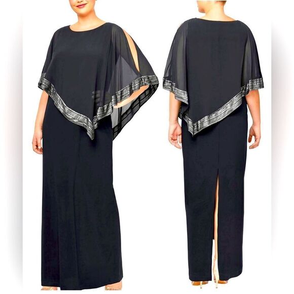 S.L. FASHIONS COLD SHOULDER CAPELET MAXI DRESS W/ METALLIC TRIM WOMENS 14W~NWT - Picture 1 of 8